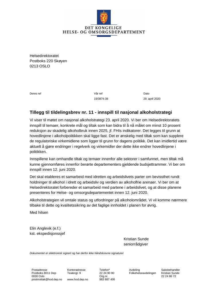 Forsiden av dokumentet Tildelingsbrev Helsedirektoratet 2020 - tillegg nr. 11