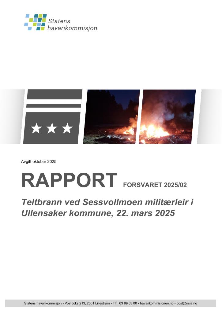 Forsiden av dokumentet Teltbrann ved Sessvollmoen militærleir i Ullensaker kommune, 22. mars 2025