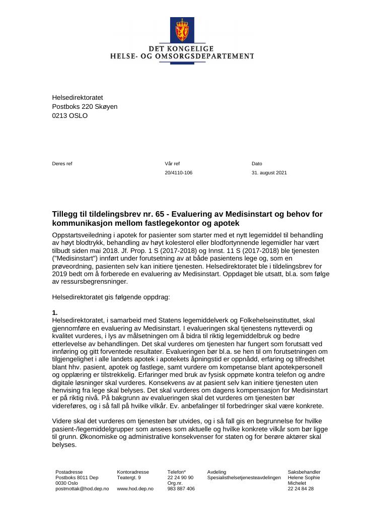 Forsiden av dokumentet Tildelingsbrev Helsedirektoratet 2021 - tillegg nr. 65