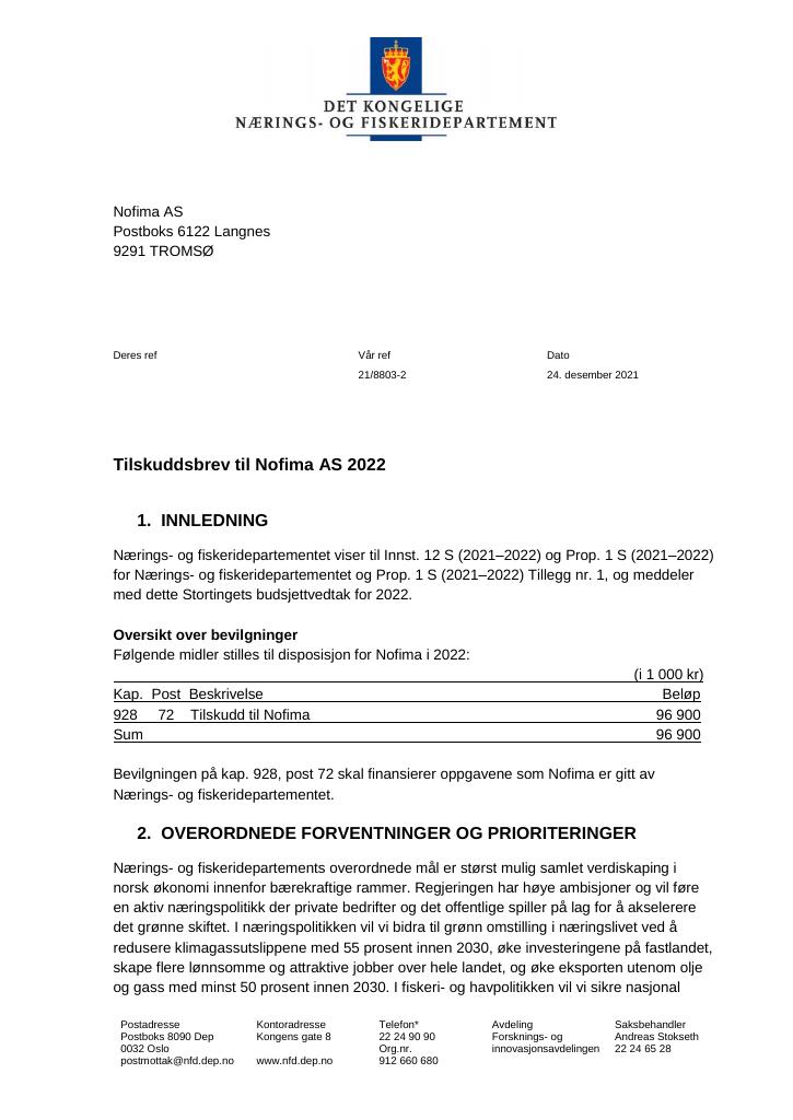 Forsiden av dokumentet Nofima AS - tilskuddsbrev 2022
