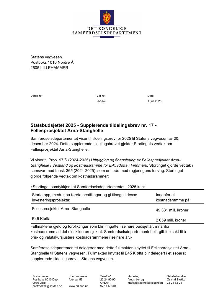 Forsiden av dokumentet Tildelingsbrev Statens vegvesen 2025 - tillegg nr. 17