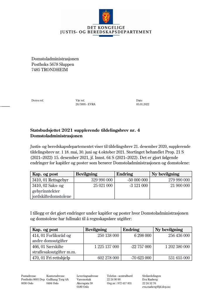 Tildelingsbrev Domstoladministrasjonen 2021 - Tillegg Nr. 4 - Kudos