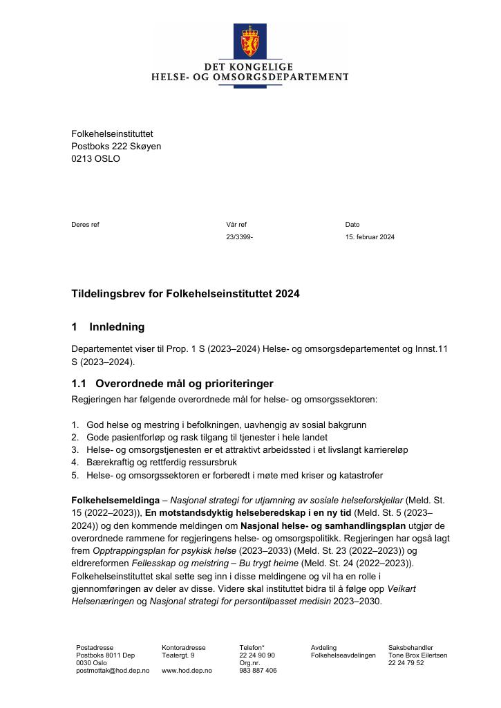 Forsiden av dokumentet Tildelingsbrev 2024