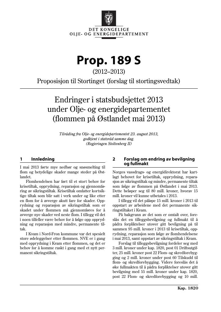 Forsiden av dokumentet Prop. 189 S (2012–2013)