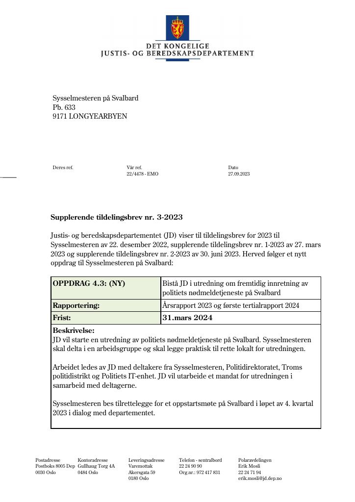 Forsiden av dokumentet Tildelingsbrev Sysselmesteren på Svalbard 2023 - tillegg nr. 3