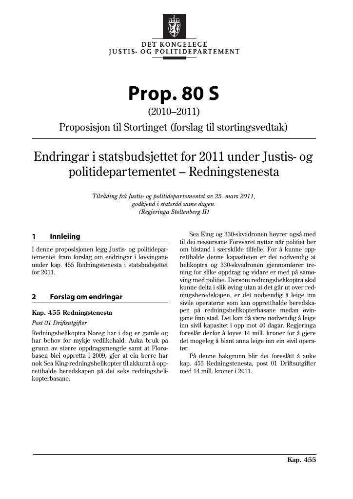 Forsiden av dokumentet Prop. 80 S (2010–2011)