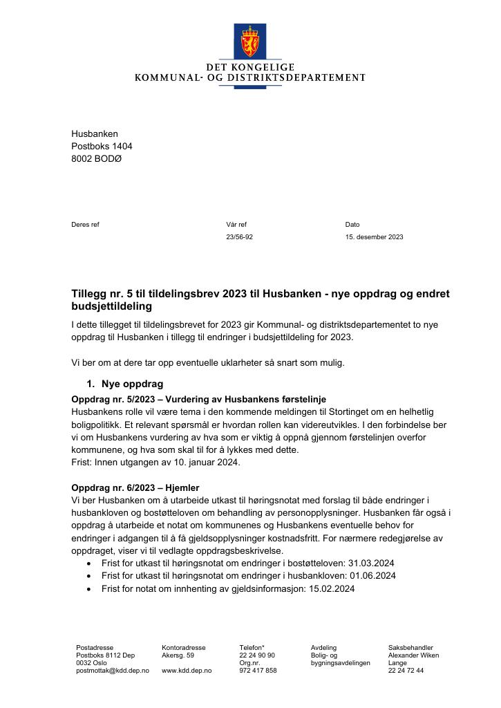 Forsiden av dokumentet Tillegg nr. 5 til tildelingsbrev Husbanken 2023 (pdf)