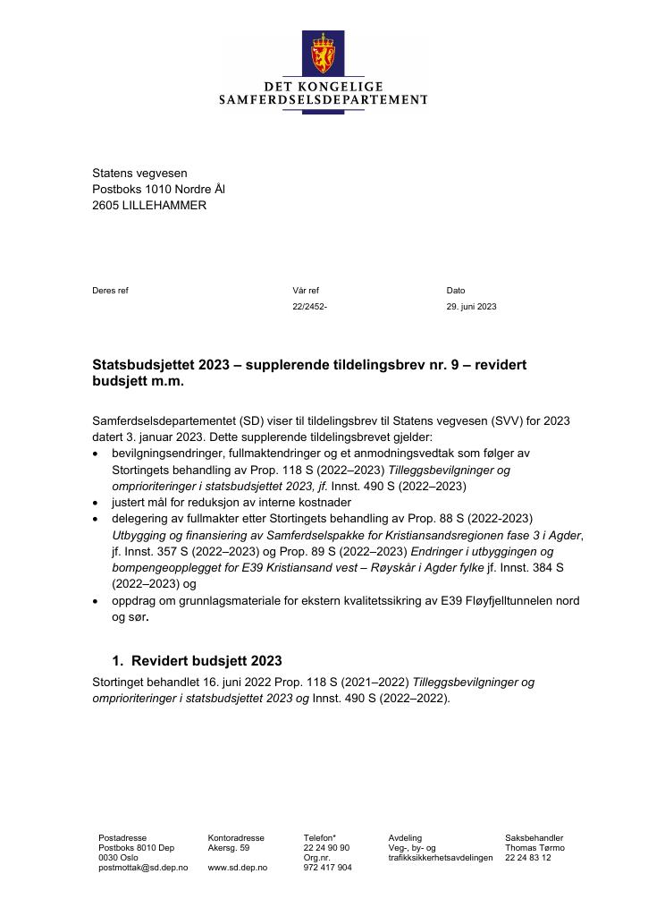 Forsiden av dokumentet Tildelingsbrev Statens vegvesen 2023 - tillegg nr. 9