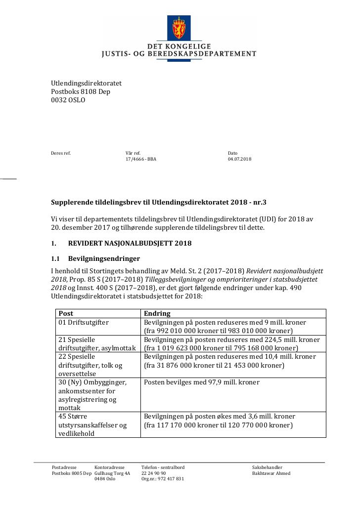 Forsiden av dokumentet Supplerende tildelingsbrev nr. 3 Utlendingsdirektoratet 2018