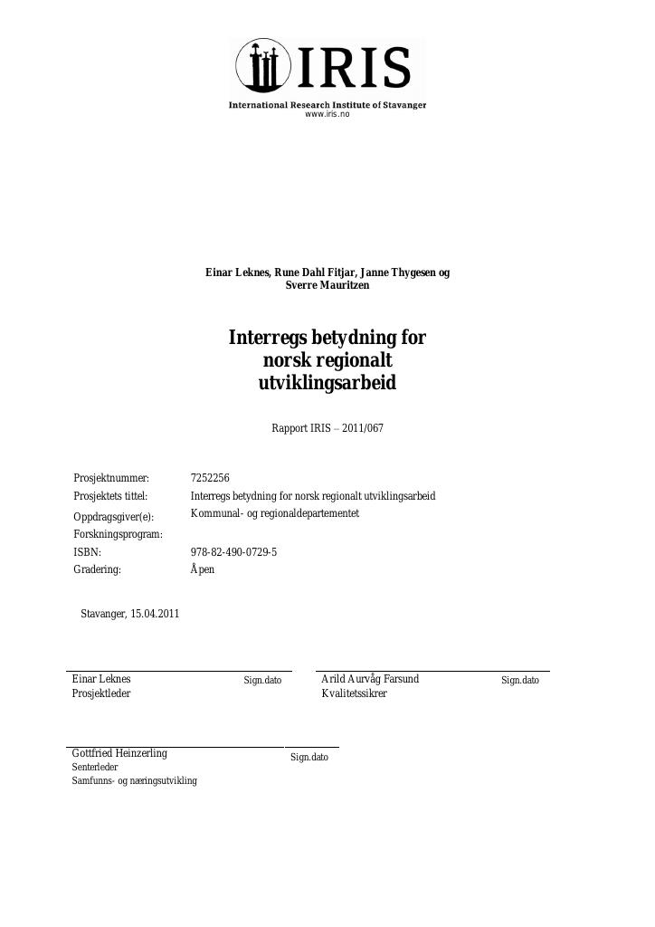 Forsiden av dokumentet Interregs betydning for norsk regionalt utviklingsarbeid