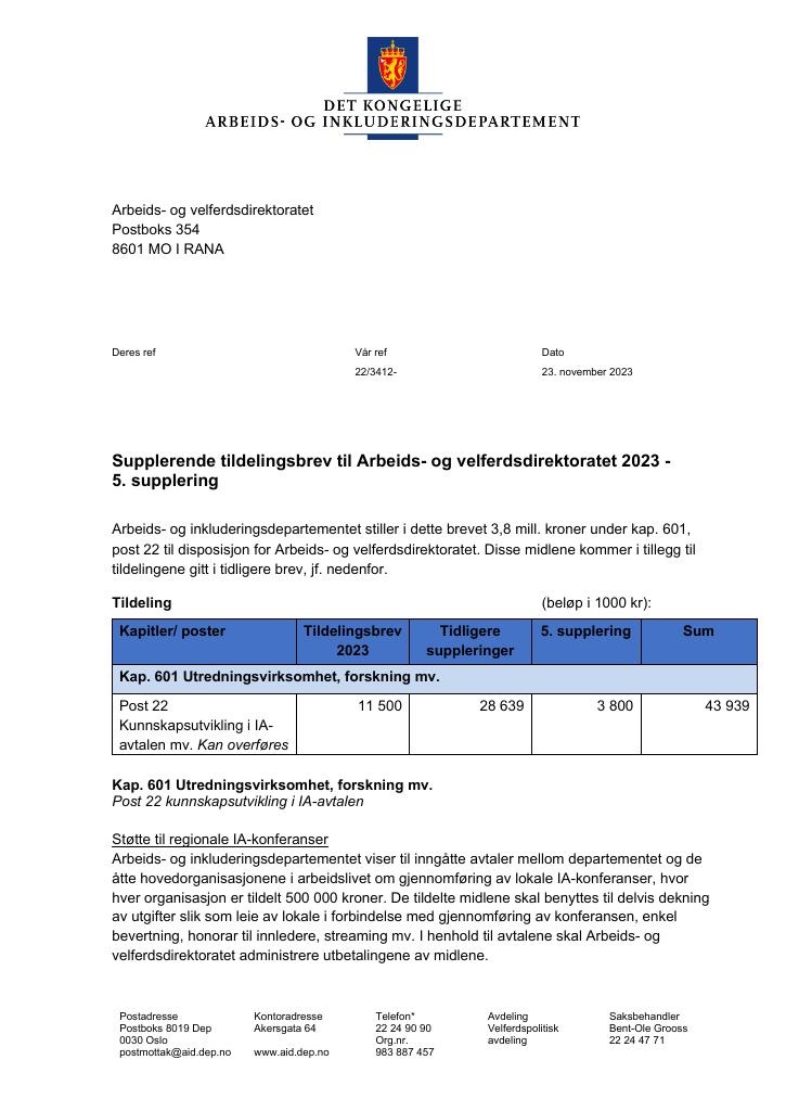 Forsiden av dokumentet Supplerende tildelingsbrev nr.5 til Arbeids- og velferdsdirektoratet 2023