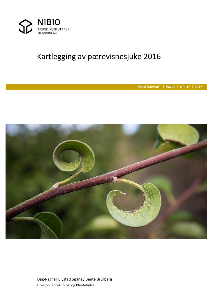 Forsiden av dokumentet Kartlegging av pærevisnesjuke 2016