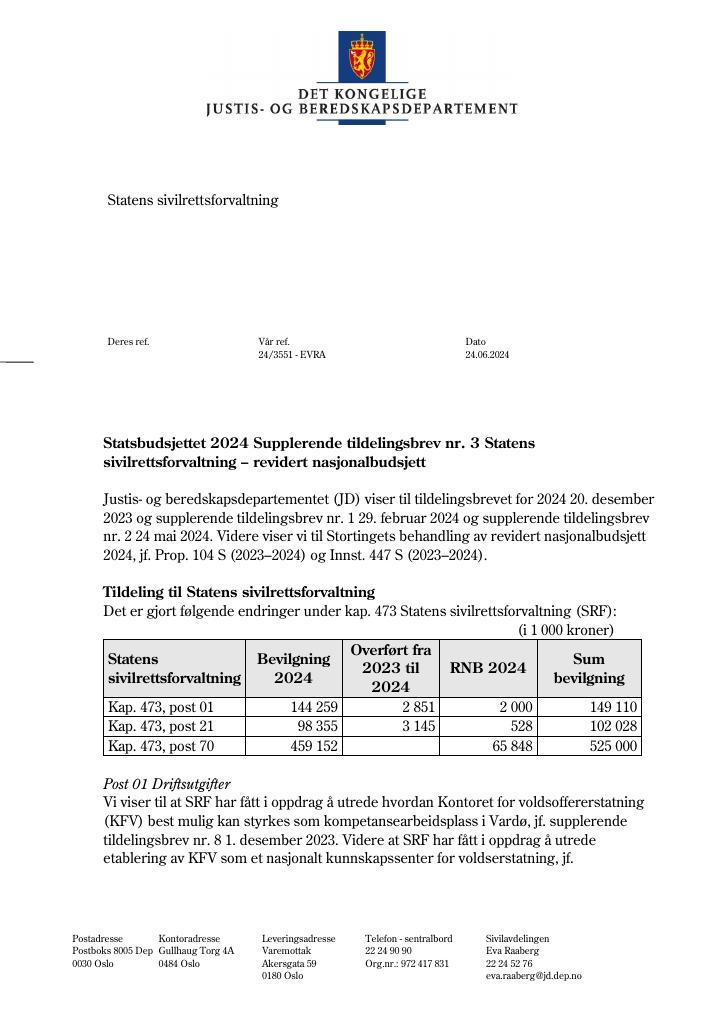 Forsiden av dokumentet Tildelingsbrev Statens sivilrettsforvaltning 2024 - tillegg nr. 3