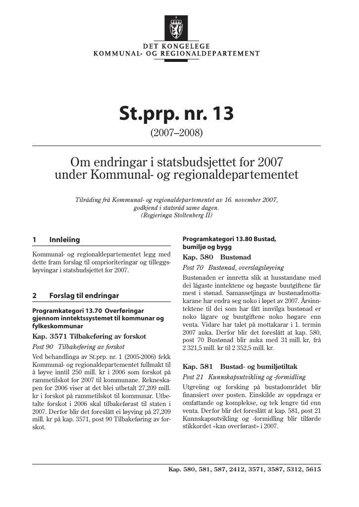 Forsiden av dokumentet St.prp. nr. 13 (2007-2008)