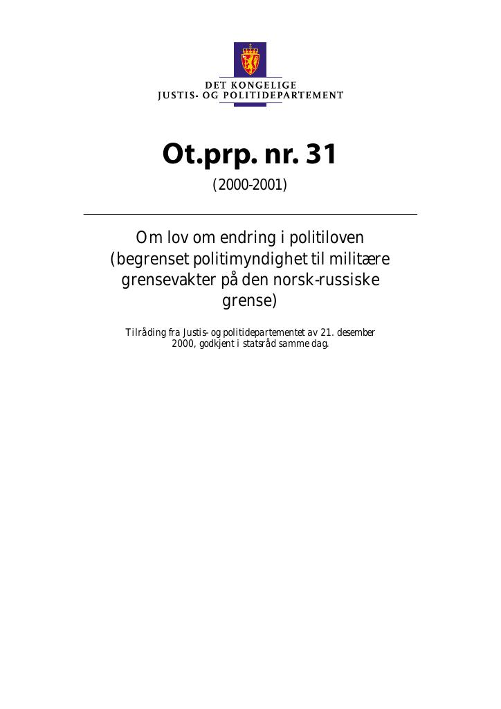 Forsiden av dokumentet Ot.prp. nr. 31 (2000-2001)