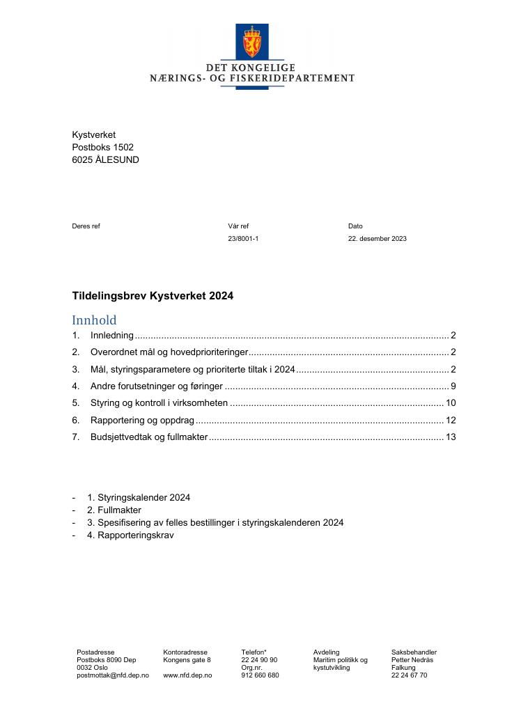 Forsiden av dokumentet Tildelingsbrev Kystverket 2024