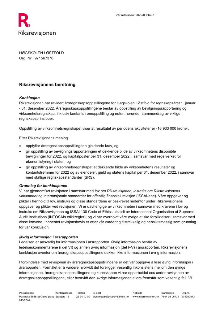 Forsiden av dokumentet Revisjonsberetning Høgskolen i Østfold 2022