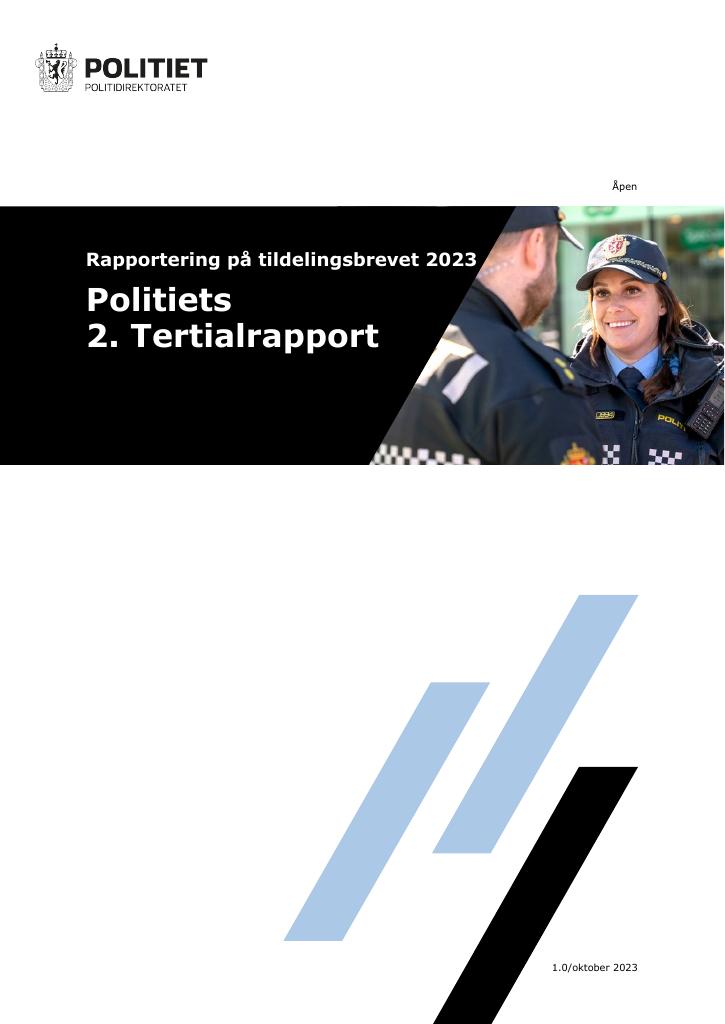 Forsiden av dokumentet Rapportering på tildelingsbrevet 2023
Politiets 2. Tertialrapport