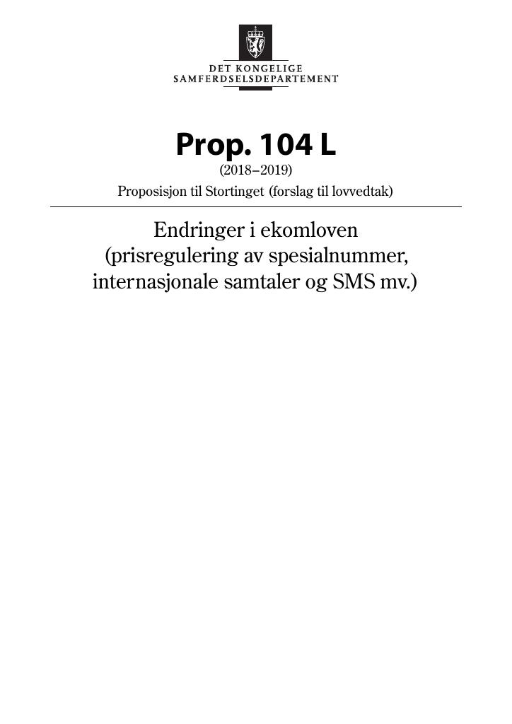 Forsiden av dokumentet Prop. 104 L (2018–2019)