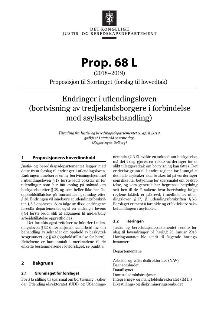 Forsiden av dokumentet Prop. 68 L (2018–2019)