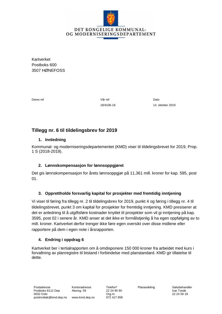 Forsiden av dokumentet Tildelingsbrev Kartverket 2019 - tillegg nr. 6