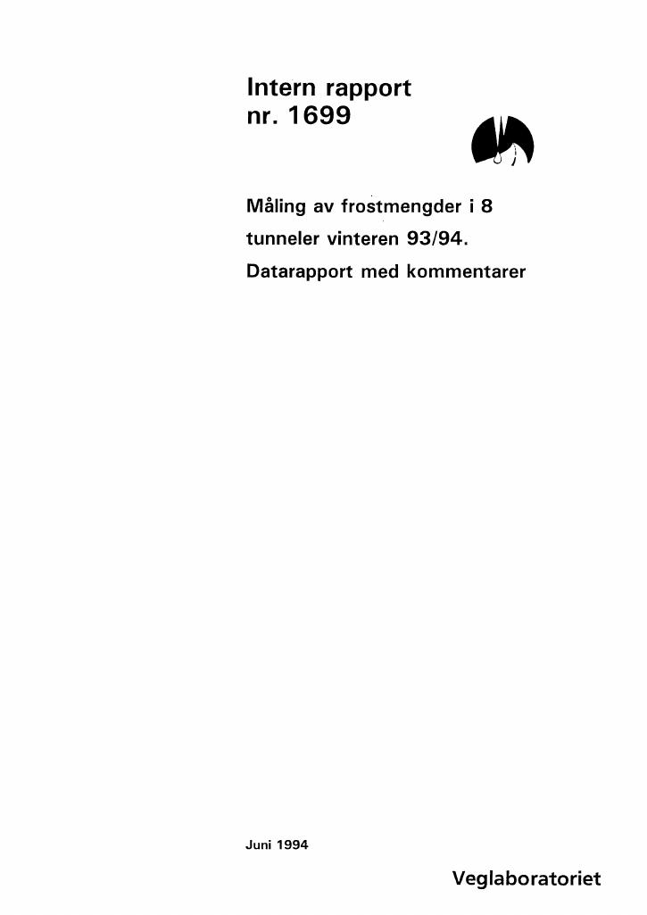 Forsiden av dokumentet Måling av frostmengder i 8 tunneler vinteren 93/94. Datarapport med kommentarer