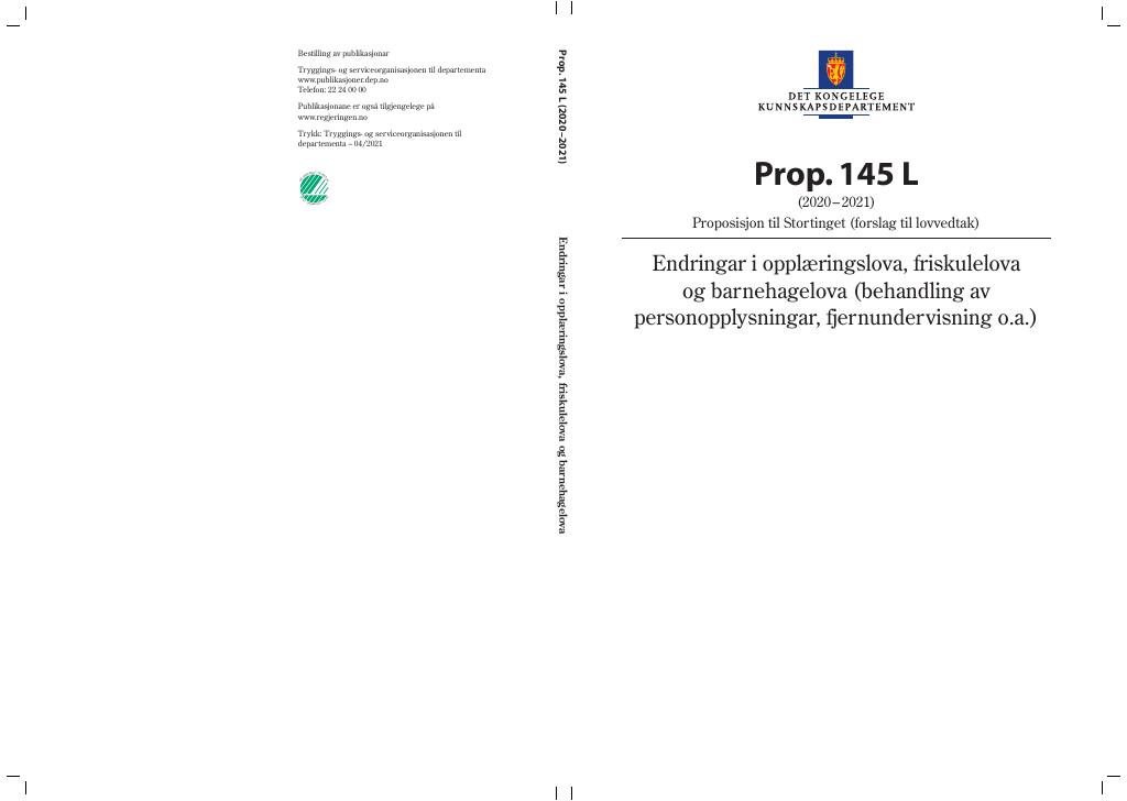 Forsiden av dokumentet Prop. 145 L (2020–2021)