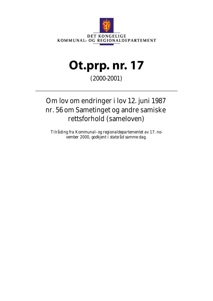 Forsiden av dokumentet Ot.prp. nr. 17 (2000-2001)