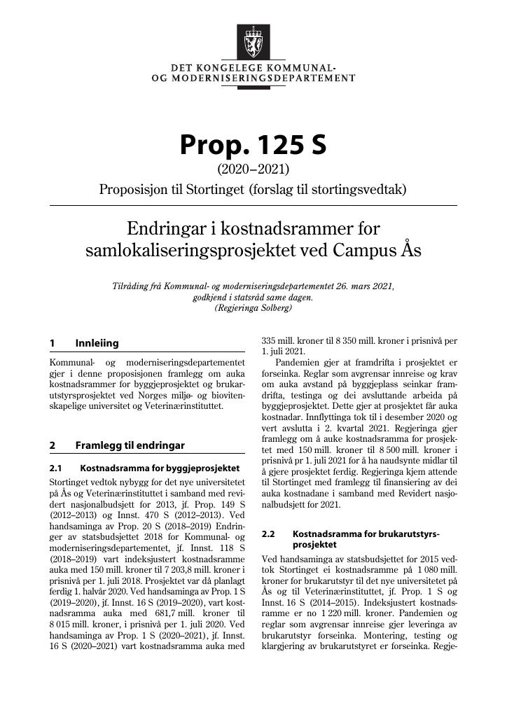 Forsiden av dokumentet Prop. 125 S (2020–2021)