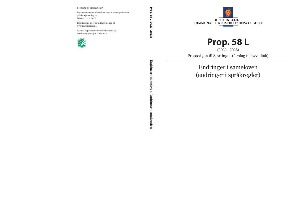 Forsiden av dokumentet Prop. 58 L (2022–2023)