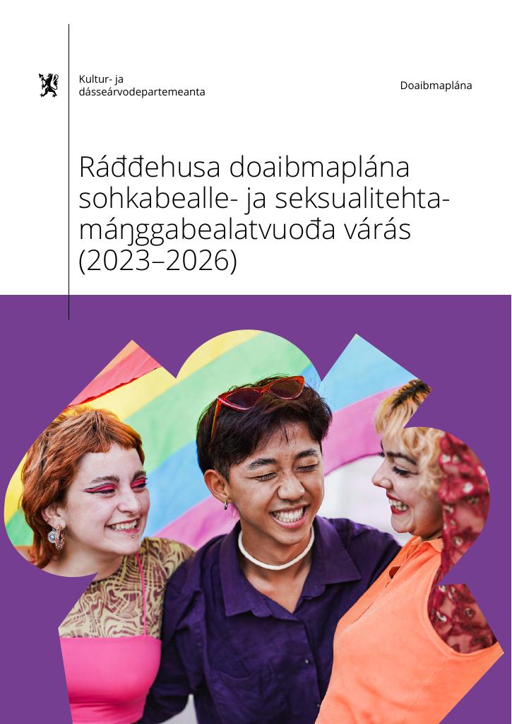 Forsiden av dokumentet Ráđđehusa doaibmaplána sohkabealle- ja seksualitehta-máŋggabealatvuođa várás (2023-2026)