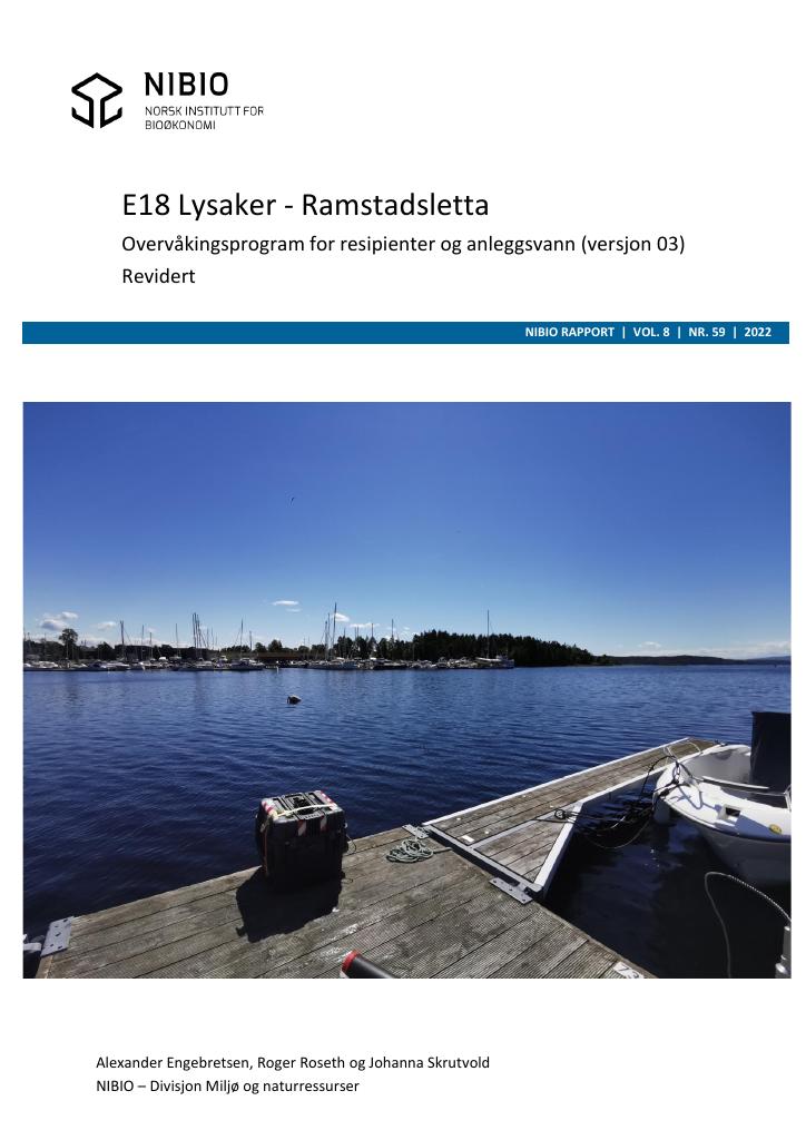 Forsiden av dokumentet E18 Lysaker – Ramstad. Overvåkingsprogram for resipienter og anleggsvann, (versjon 03) Revidert