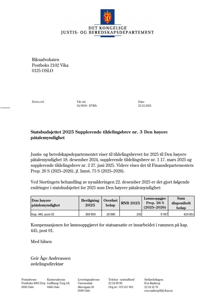 Forsiden av dokumentet Tildelingsbrev Riksadvokaten (Den høyere påtalemyndighet) 2025 - tillegg nr. 3