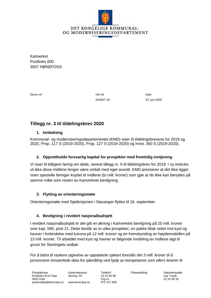 Tildelingsbrev Kartverket 2020 - Tillegg Nr. 3 - Kudos