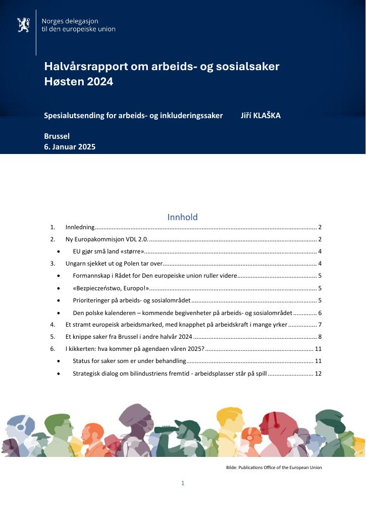 Forsiden av dokumentet EU-delegasjonens halvårsrapport om arbeids- og sosialsaker høsten 2024