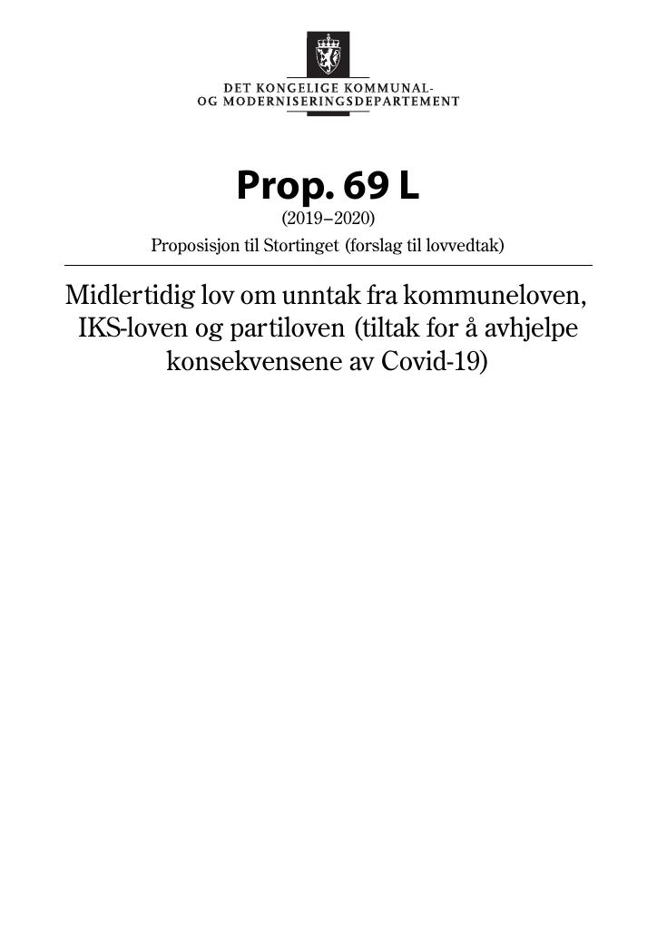 Forsiden av dokumentet Prop. 69 L (2019–2020)