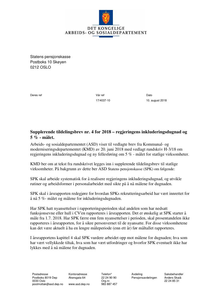 Forsiden av dokumentet Tildelingsbrev Statens pensjonskasse 2018 - tillegg nr. 4