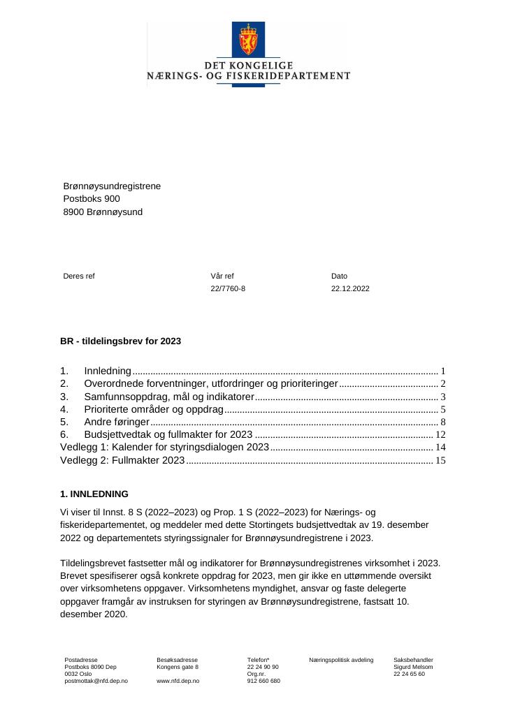 Forsiden av dokumentet Tildelingsbrev Brønnøysundregistrene 2023