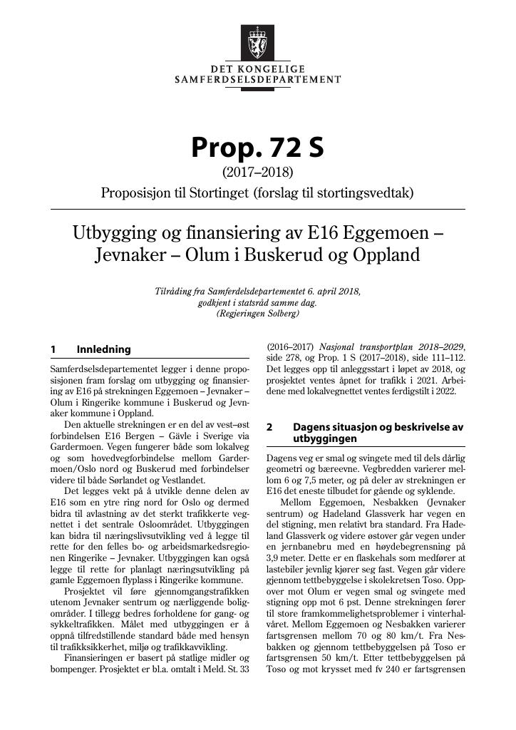 Forsiden av dokumentet Prop. 72 S (2017–2018)