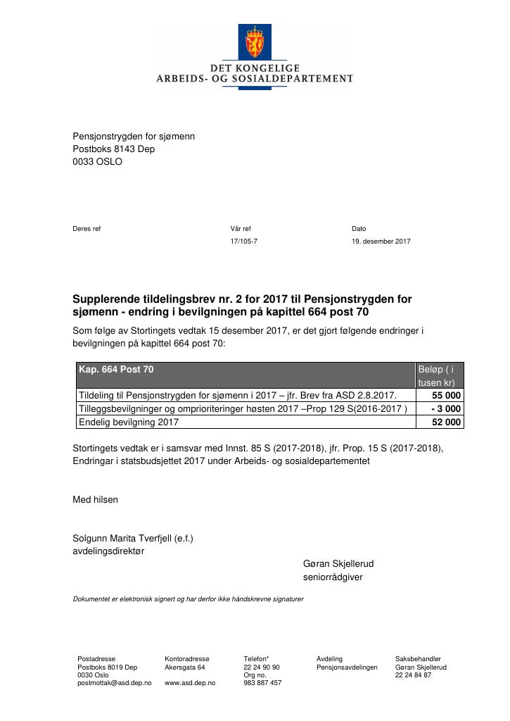Forsiden av dokumentet Tildelingsbrev Maritim pensjonskasse 2017 - tillegg nr. 2