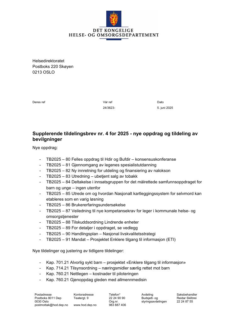 Forsiden av dokumentet Tildelingsbrev Helsedirektoratet 2025 - tillegg nr. 4