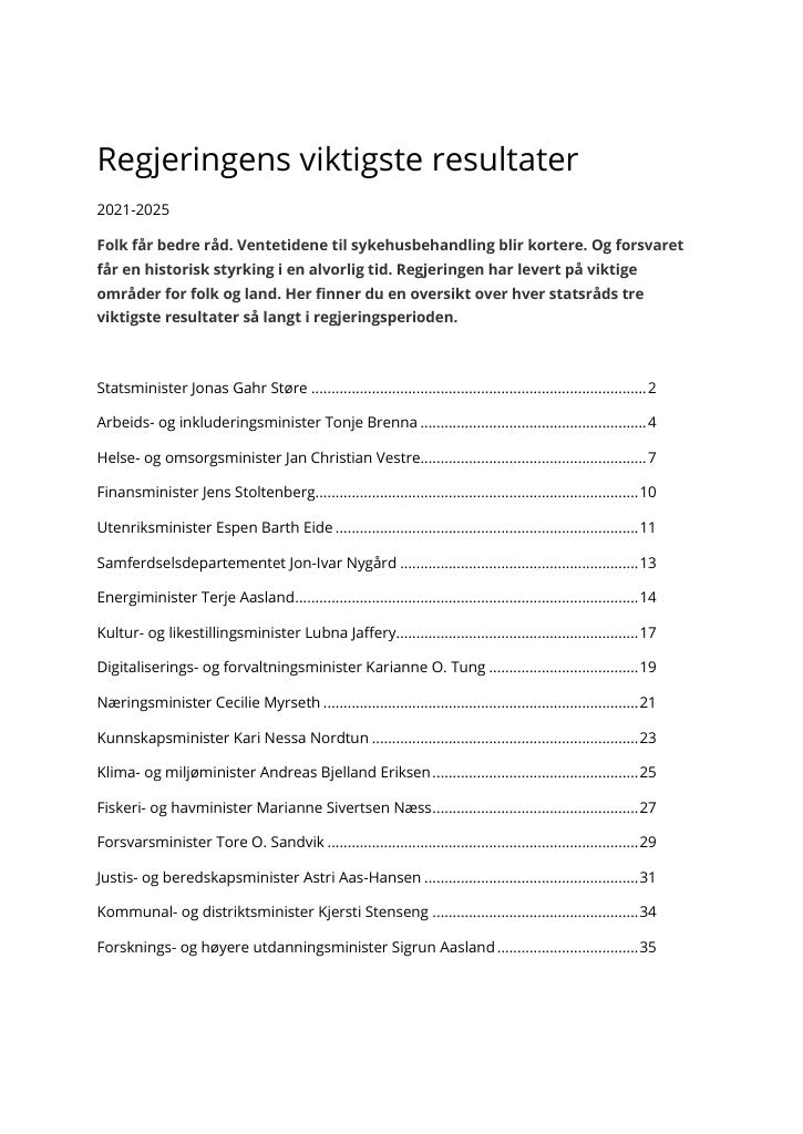 Forsiden av dokumentet Regjeringens viktigste resultater 2021-2025
