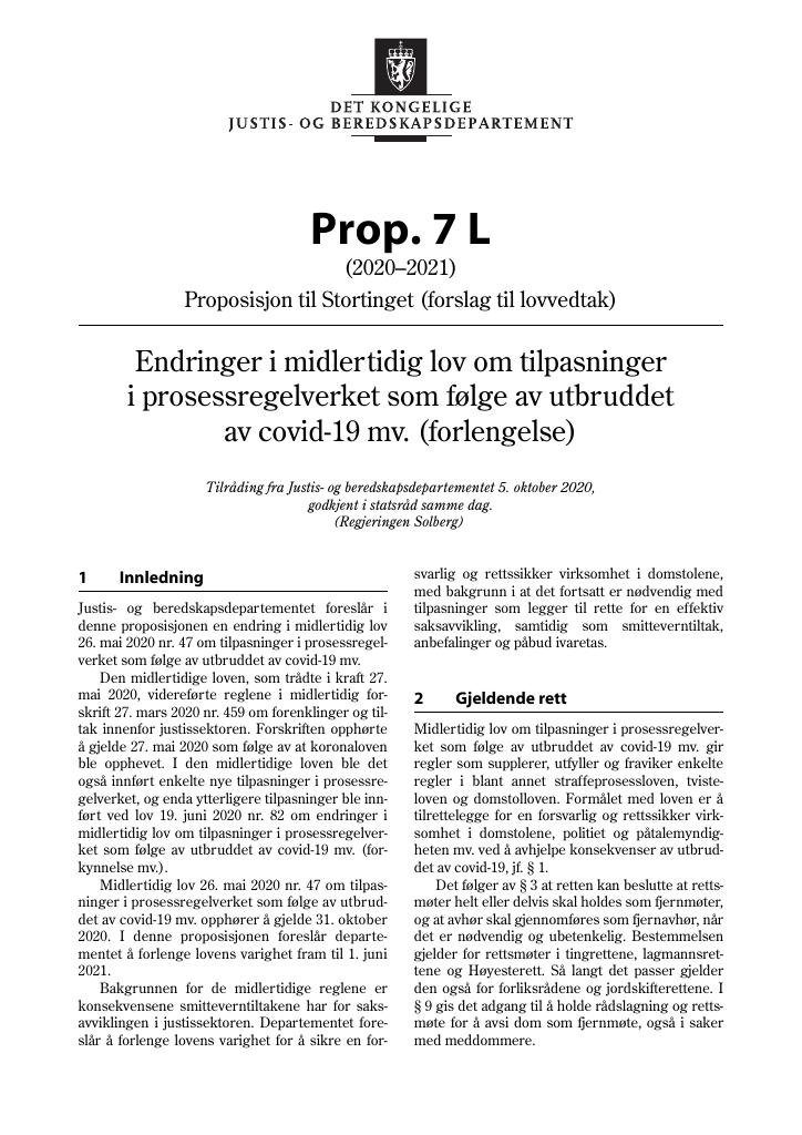 Forsiden av dokumentet Prop. 7 L (2020–2021)