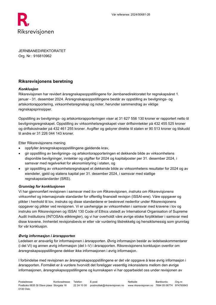 Forsiden av dokumentet Revisjonsberetning Jernbanedirektoratet 2024