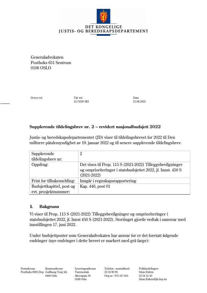 Forsiden av dokumentet Tildelingsbrev Generaladvokaten 2022 - tillegg nr. 2