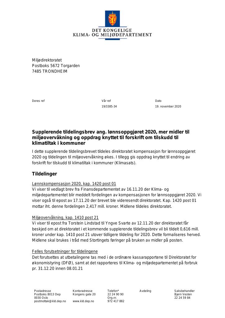 Forsiden av dokumentet Supplerende tildelingsbrev Miljødirektoratet 2020