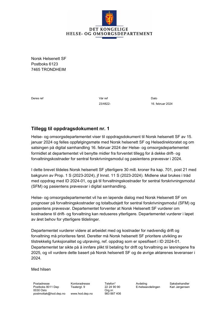 Forsiden av dokumentet Tildelingsbrev Norsk helsenett SF 2024 - tillegg nr. 1