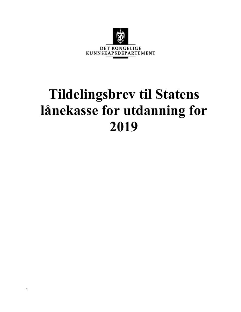Forsiden av dokumentet Tildelingsbrev Lånekassen 2019