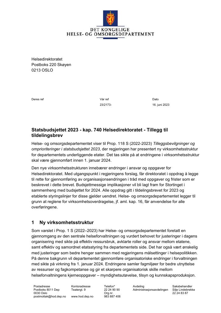 Forsiden av dokumentet tillegg til tildelingsbrev - ny virksomhetsstruktur 2023