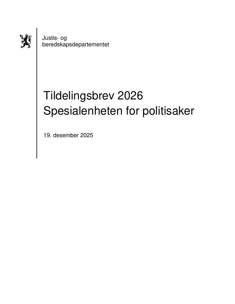 Forsiden av dokumentet Tildelingsbrev Spesialenheten for politisaker 2026